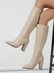 European & American High Shaft Thick High Heel Side Zipper Pointed Toe Elegant Slim Boots, Comfortable For Autumn/Winter