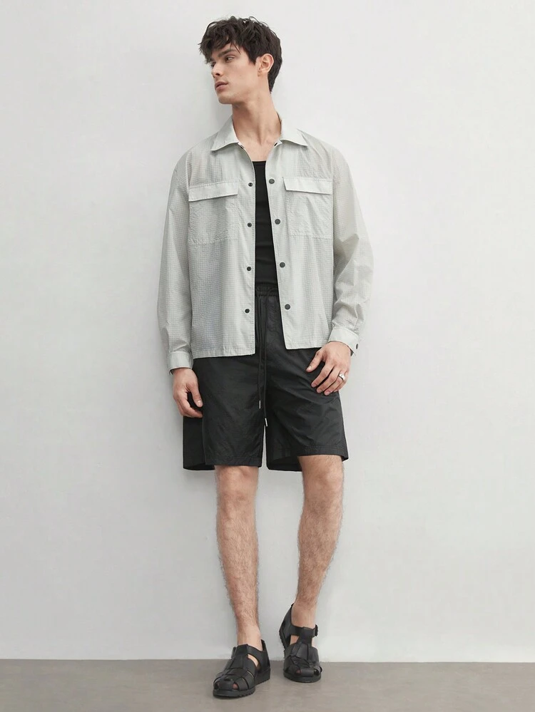 UPF Men's Woven Nylon Grid Windbreaker Fabric See-Through Loose Drop-Shoulder Jacket, Summer Shirt, Suitable For Spring And Summer Seasons, For Fall Winter