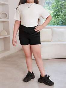 SHEIN Tween Girl Extended Size Sporty Knit Solid Color Shorts For Spring And Summer