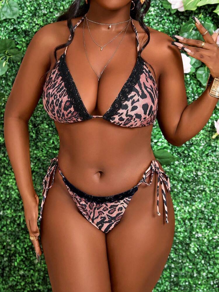 Ladies' Leopard Print Halter Neck Tie Sexy Bikini Set, Holiday Summer