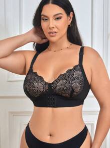 Brassiere inalámbrico de talla grande con encaje de parches, 1 pieza de lencería - Negro - Ver 7