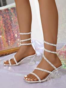 Sandálias femininas de salto alto com strass e pérolas, decoração sexy, peep toe, tiras envolventes com design de cobra, adequadas para festas de verão - Prata - Ver 3