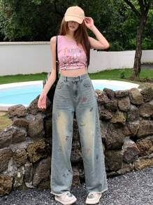 DAZY Ladies' Cherry Printed Loose Fit Straight Leg Denim Jeans With Raw Hem Pockets,Back To School Clothes - Light Wash - View 2