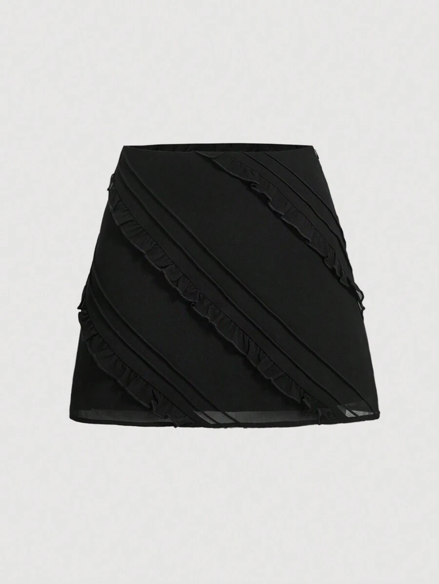 SHEIN MOD Women's Multi-Layer Frill Trim Splice Chiffon Black Skirt - Black - View 1