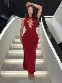 SHEIN SXY 夏季性感十字帶空心裙，高衩大腿無袖洋裝 - 酒紅色 - 查看 3