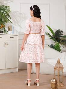 Áo dài tay cổ vuông màu hồng nhạt của Tween Girl và váy chữ A rộng màu hồng nhạt Trang phục phù hợp cho gia đình (4 bộ được bán riêng) - Màu Hồng baby - Xem 2