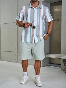 Manfinity Homme Men's Plus Size Summer Casual Striped Short Sleeve Shirt And Solid Color Shorts Set - Mint Green - View 8