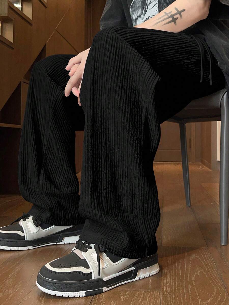Quần ống đứng nhăn dáng rộng thoải mái cho nam, màu trơn, mùa hè, mùa thu - màu đen - Xem 1