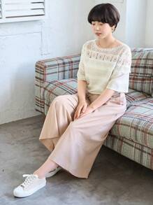 FRIFUL Women's Simple Solid Color Daily Lace Decorated Blouse - Apricot - View 2