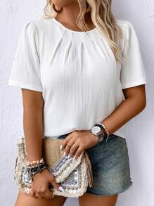 Momelise Plus Size Vacation Leisure Solid Color Textured Puff Sleeve Shirt - White - View 4