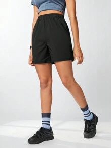 SHEIN Sports Solid Color Elastic Waistband Sports Shorts With Pockets, Summer - Black - View 6