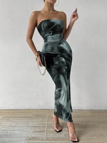 Rafferiza 女士夏季扎染印花露肩休闲优雅连衣裙，下摆开衩，超长款女士服装 - 灰色 - 查看 5