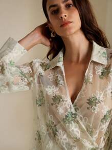 Aveloria Modichic Women's Sheer Mesh Random Embroidery Long Sleeve Shirt