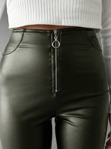 SHEIN Cottnline Women's Zipper Front Skinny Pants - Dark Green - View 5