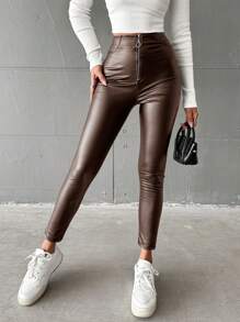 SHEIN Cottnline Women's Zipper Fly Open Front Skinny Pants - Brown - View 6