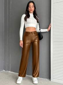 EURMUSE High Waist PU Leather Wide Leg Pants - Brown - View 3
