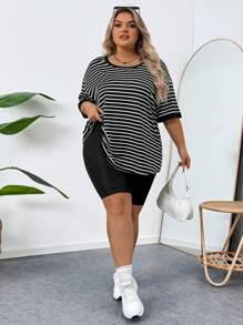 SHEIN CURVE+ 大尺碼女士休閒條紋與印花圓領下垂肩短袖T卹，夏季款式 - 黑色 - 查看 4