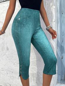 EMERY ROSE Denim Effect Printed Elastic Waist Button Detail Slit Hem Capri Leggings Summer - Mint Blue - View 3