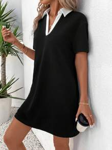 SHEIN LUNE Vestido corto recto negro sencillo de verano con cuello blanco y diseño de bloque de color, ropa cómoda para mujeres - Negro - Ver 5