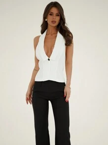 Aloruh Elegante colete blazer sem mangas com decote V profundo e costas abertas, primavera/verão - Branco - Visão 6