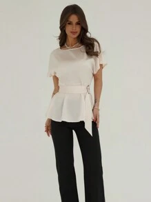 Aloruh 簡約通勤杏色緞面束腰女襯衫，下擺呈鈴蕾狀 - 香檳色 - 查看 4