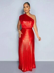 Women's Summer Asymmetrical Neck Party Pleated Maxi Dress - Red - View 3
