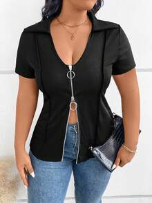 Calvaya Plus Size Mùa Hè Thường Ngày Màu Trơn Đôi Dây Kéo Áo Thun Tay Ngắn - màu đen - Xem 5