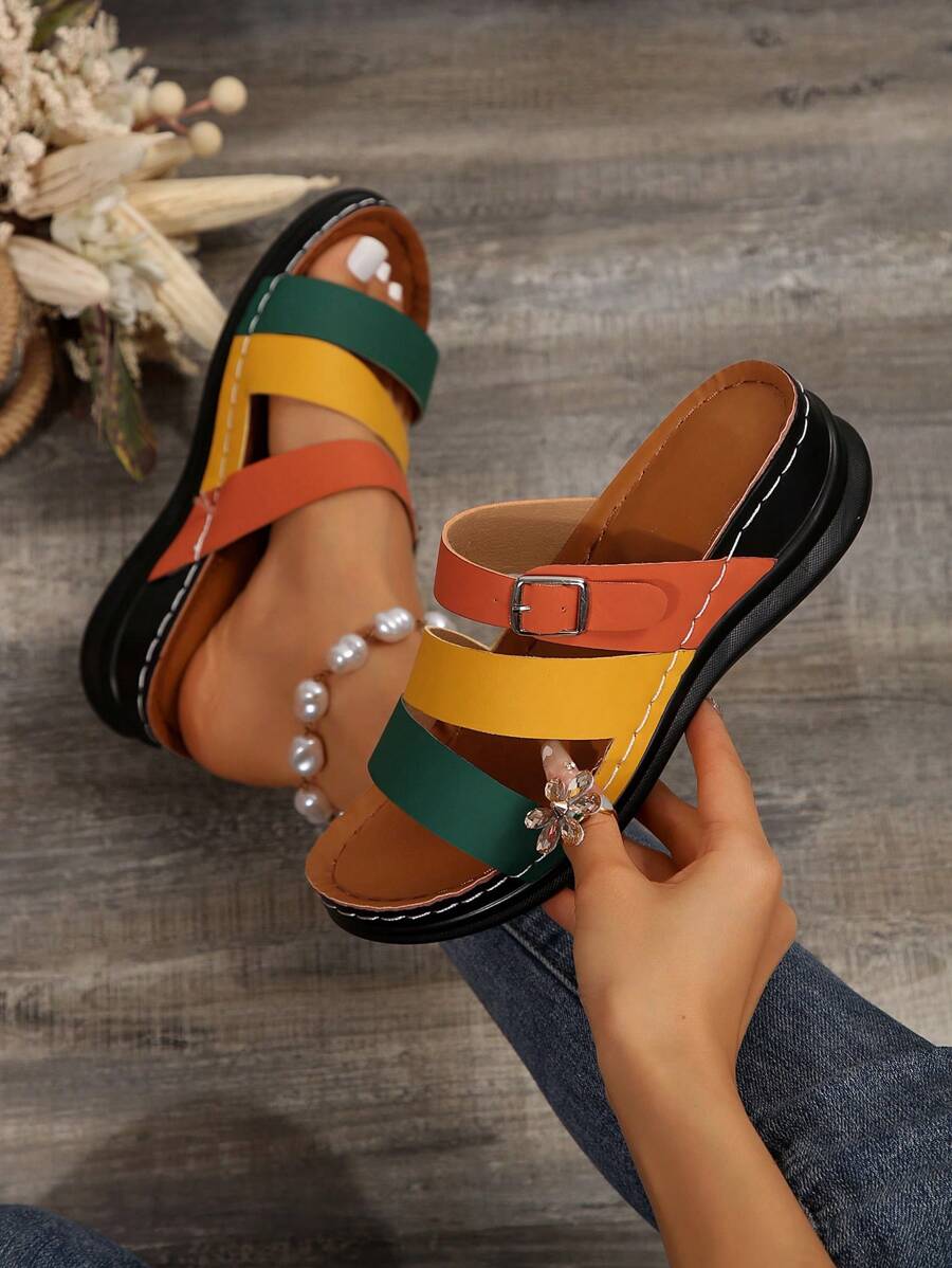 Summer New Colorblock Splicing Open Toe Sandals, Metal Buckle Decor, Platform Wedge Heel Design, Criss-Cross Hollow Breathable Upper, Fashionable Casual Vacation Versatile Sandals For Women - Màu vàng - Xem 1