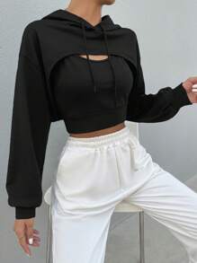 Cottnline Solid Crop Drawstring Hoodie & Cami Top - Black - View 5