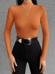 EURMUSE Mock Neck Ribbed Knit Tee - Orange - View 1