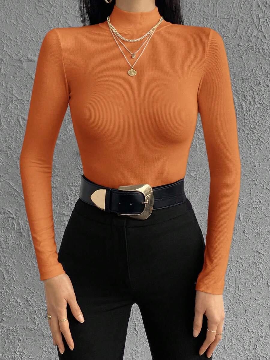 EURMUSE Mock Neck Ribbed Knit Tee - Orange - View 1