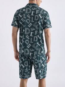 Men's Hyper All Over Print Lapel Button Front Pajama Set With Bermuda Shorts Loungewear - Multicolor - View 2