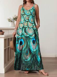 SHEIN VCAY Plus Size Peacock Feather Printed Dress With Spaghetti Strap Neckline, Perfect For Vacation And Fashion - Multicolor - View 1