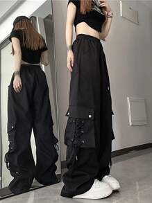 Women's Strap Pocket Cargo Pants - Black - View 3