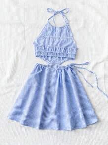 Soleia Blau-weißes kariertes romantisches Halfter Plissee Cut Out A-Linie Sommerkleid, Kleid, Sommerbekleidung - Blau-Weiß - Übersicht 2