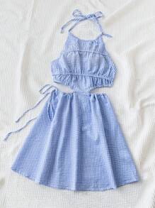 Soleia Blau-weißes kariertes romantisches Halfter Plissee Cut Out A-Linie Sommerkleid, Kleid, Sommerbekleidung - Blau-Weiß - Übersicht 3