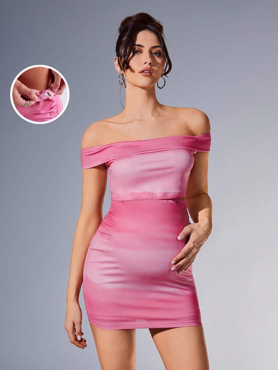 MaterniChic قطعتان مجموعة لوقت الراحة بعد الظهيرة: توب كروب ذو الكتف المنحرف مريح وتنورة ملائمة بخصر مطاطي قابل للتعديل, من قماش تريكو شبكي - وردي - مشاهدة 1