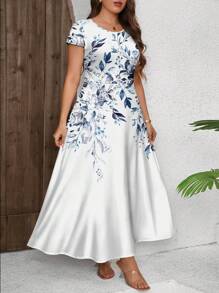 SHEIN Clasi Váy ngắn tay in hoa cỡ lớn có đường viền cổ tròn, mùa hè - trắng - Xem 6