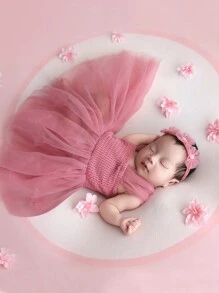 SHEIN Baby Girl 2pcs Pearls Headband And Net Yarn Knitted Dress Photography Props Costume Set - Pink - View 2