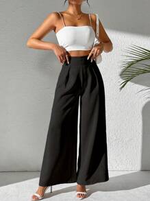 SHEIN PETITE Pantalones largos de uso diario lisos y sencillos para damas - Negro - Ver 3