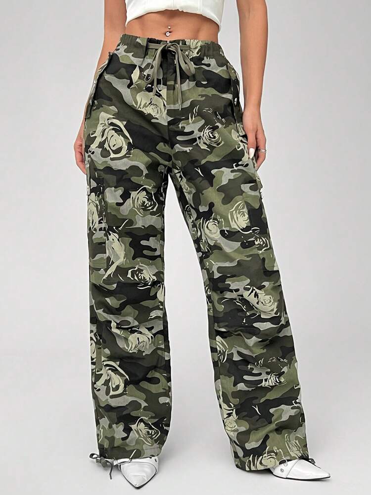 Women's Flower Camo Print Belted Casual Long Pants Fall Cloth For Women