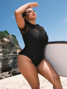 Swim SPRTY Plus Size Women's Simple Solid Color Short Sleeve Zip-Up Surfing Suit Summer - Black - View 3
