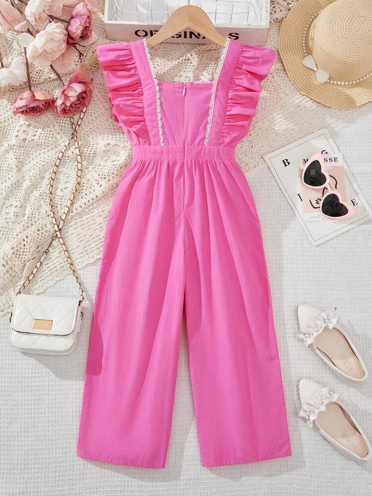 Young Girl Woven Solid Color Square Neck Ruffle Trim Loose Elegant Jumpsuit