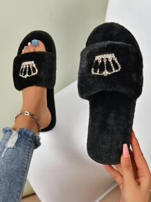 Damespantoffels met metalen kroon, modieuze pluizige platte pantoffels voor binnen, effen instapschoenen met open neus