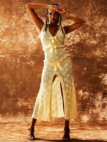 Bowknot Decorated Sleeveless Lace Dress With High Side Split, Perfect For Cocktail Party - Apricot - View 5