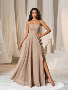 Faeriesty 纯色系带露背吊带伴娘礼服优雅正式晚会舞会婚礼宾客礼服，适合毕业典礼、晚宴派对礼服