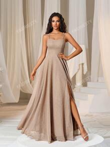 Faeriesty Solid Lace Up Backless Cami Bridesmaid Dress Elegant Formal Evening Prom Wedding Guest Gown, For Graduation, Dinner Party Dress