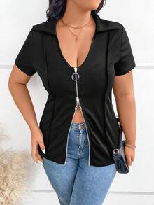 Calvaya Plus Size Mùa Hè Thường Ngày Màu Trơn Đôi Dây Kéo Áo Thun Tay Ngắn - màu đen - Xem 4