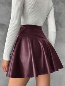 SHEIN Cottnline Solid Color Side Zipper Women'S Skirt - Maroon - View 2