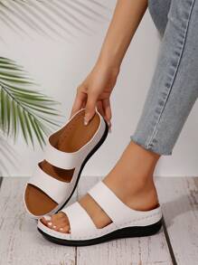 Women's Fashionable White Metal Buckle Decor Wedge Platform Sandals, Hollow-Out Peep Toe Design, Reinforced Stitching, Soft Anti-Slip Soles, Casual Versatile Style